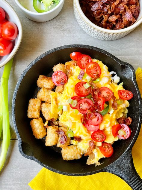 Loaded Tater Tot, Loaded Tater Tots, Cheesy Scrambled Eggs, Brunch At Home, Tater Tot Recipes, Diner Food, Camping Meal, Tater Tot Casserole Recipes, Tater Tot Breakfast