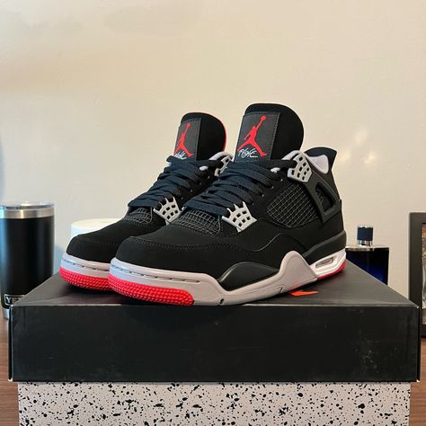 Jordan 4 Retro- Bred (2019). I Have 2 Pairs Of These And This Was My Display. Have Proof Of Purchase Jordan 4 Retro Bred, Fire Shoes, Jordan 4 Bred, Shoes Jordan, Retro 4, Jordan Black, Jordan 4 Retro, Jordans For Men, Sneaker Collection