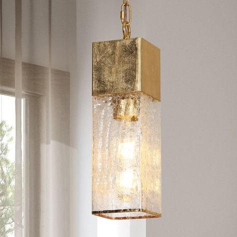 1-Light Mini Kitchen Island Pendant Crackled Glass Shade Mid Century Modern Kitchen Island, Hanging Bedside Lights, Tube Pendant Light, Modern Kitchen Pendants, Antique Gold Pendant, Lights Over Kitchen Island, Gold Pendant Light, Gold Pendant Lighting, Modern Kitchen Island