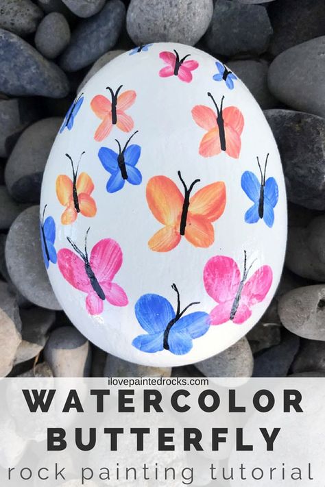 Butterfly Rock Painting, Paint Butterflies, Pebble Ideas, Rock Tutorial, Happy Stone, Rock Animals, Rock Painting Tutorial, Painted Rock Animals, Watercolor Butterfly