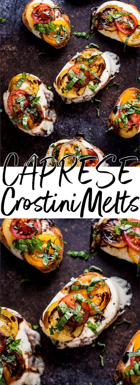 These garlic Caprese crostini melts are a crowd-pleasing appetizer with the classic Caprese flavors of mozzarella, tomatoes, and basil. Finished off with a tangy balsamic drizzle! Caprese Crostini, Balsamic Drizzle, Crostini Appetizers, Crostini Recipes, Crowd Pleasing Appetizers, Appetizers For A Crowd, Best Appetizer Recipes, Easy Appetizer Recipes, Tangier