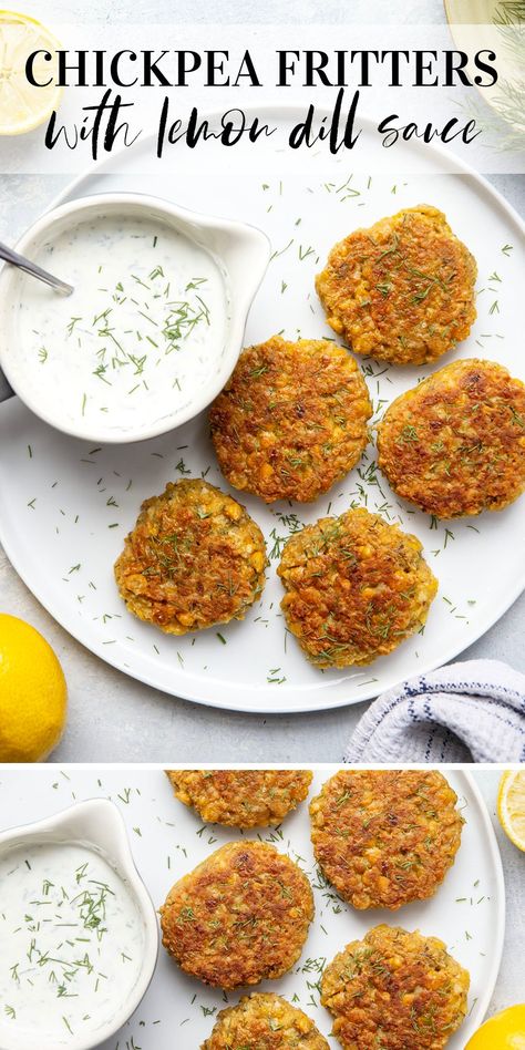 These chickpea fritters are perfectly crispy and pair incredibly well with a tangy fresh lemon dill sauce for dipping! Greek Yogurt Dipping Sauce, Garlic Chickpeas, Pea Fritters, Chickpea Fritters, Lemon Dill Sauce, Garbanzo Bean Flour, Chickpea Patties, Dill Recipes, Vegan Chickpea