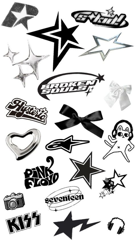 Y2k Stickers, Kids Notes, Journal Inspiration Writing, Black And White Stickers, Scrapbook Printing, Iphone Case Stickers, Scrapbook Book, Club Outfit Ideas, Easy Doodles Drawings