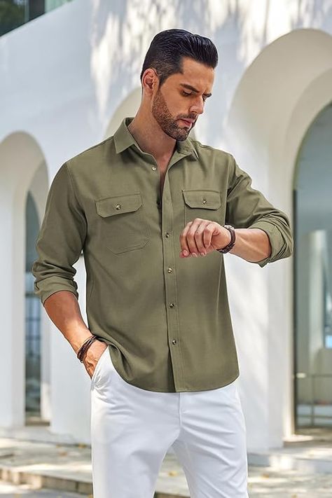 23$ only Green Shirts, Shirts Long Sleeve, Green Shirt, Mens Casual, Wrinkle Free, Men's Casual, Army Green, Casual Button Down Shirts, Shirt Jacket