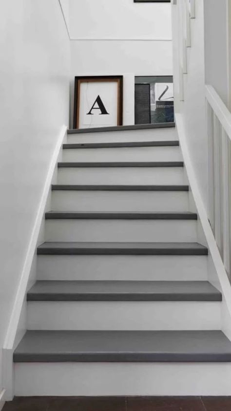 Stairs Painted White, Grey Painted Stairs, White Stair Risers, Stairway Makeover, Basement Steps, Gray Stairs, Vinyl Stairs, Stairs Renovation, White Staircase