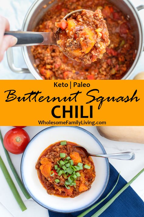 Looking for the perfect chili for a cool fall day? This butternut squash chili is sure to be a family favorite! The butternut squash adds sweet chunks to the chili, and as it cooks, it also helps thicken the chili, making it thick and hearty! Click the link to learn all of my tips and tricks for making this fabulous fall dish! #fall #chili #butternutsquash #butternutsquashchili #easy #hearty #thickchili #healthy #keto #paleo #wholesomefamilyliving Keto Pumpkin Chili, Low Carb Butternut Squash Soup, Keto Butternut Squash Recipes Low Carb, Low Carb Butternut Squash Recipes, Keto Squash Recipes, Keto Butternut Squash Recipes, Butternut Squash Sausage Recipes, Paleo Butternut Squash Recipes, Keto Butternut Squash