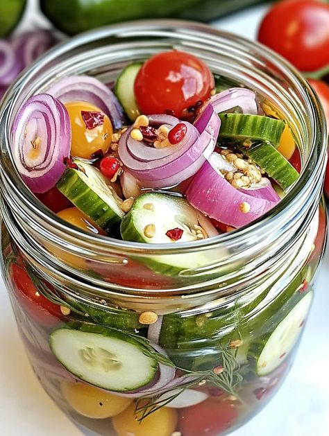 Pickled Cherry Tomatoes, Red Onions, and Cucumbers Pickled Veggies Recipe, Pickled Cherry Tomatoes, Pickle Onions Recipe, Cucumber Onion Salad, Pickled Vegetables Recipe, Pickled Tomatoes, Pickled Cherries, Marinated Vegetables, Onion Salad