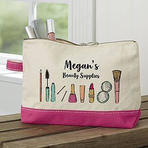 Personalized Makeup Bags | Personalization Mall Playful Makeup, Diy Tote Bag Design, Brush Embroidery, Personalized Makeup Bag, Grey Makeup, Custom Makeup Bags, Pink Makeup Bag, Personalization Mall, Denim Bag Patterns