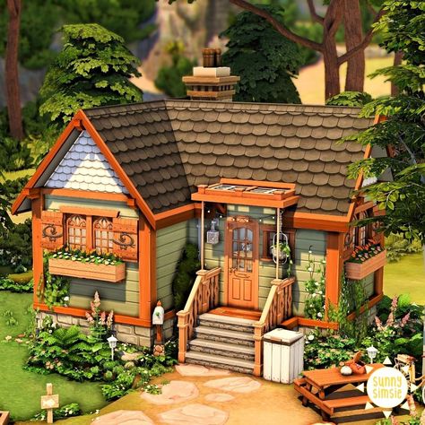 Sims 4 Boho House Exterior, Small Sims Cottage, Sims 4 Eco Lifestyle House Ideas, Sims 4 House Challenge, Sims 4 Cottage Living Tiny House, Sims 4 Shack House, Suburban Tiny Home Sims 4, Sims 4 Small Ranch House, Sims 4 Tiny Cottage Floor Plan