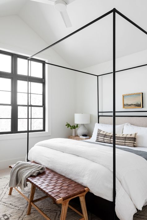 A Modern & Layered Guest Bedroom Look - Studio McGee Studio Mcgee Bedrooms, Mcgee Bedroom, Studio Mcgee Bedroom, Nightstand Styling, Studio Mcgee, Canopy Bed, Bed Styling, Custom Upholstery, Upholstered Headboard