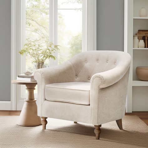 Martha Stewart Fayette Tufted Accent Arm Chair - Bed Bath & Beyond - 39552594 Farmhouse Accent Chair, Brown Armchair, Wayfair Living Room Chairs, Accent Arm Chairs, Chair Bed, Barrel Chair, Furniture Outlet Stores, Transitional Design, Arm Chair