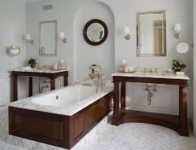 the style saloniste: Decorator I Love: Bravo, Phoebe Howard Mahogany Bathroom, Marble Herringbone Floor, Phoebe Howard, Wainscoting Living Room, Bathroom Etagere, Wainscoting Stairs, Ravenna Mosaics, Standing Cabinet, Marble Herringbone