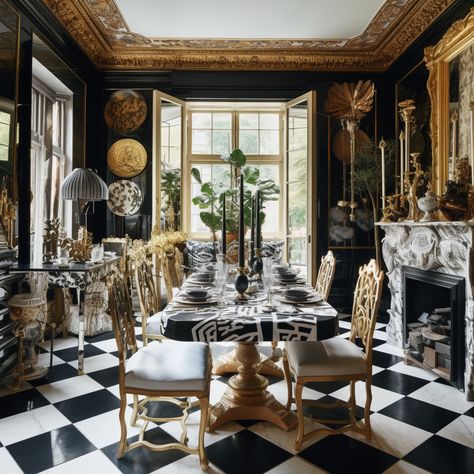 Dining Room With Checkered Floor, Black And White Checkered Floor Dining Room, Checkered Interior Design, Checkered Floor Dining Room, Rugs In Dining Room Ideas, Black And White Maximalist, White Gold Color Palette, Maximalist Decor Eclectic, Checkered Floor