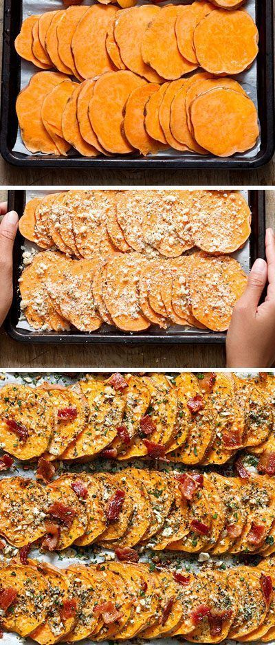 Roasted Sweet Potatoes with Garlic Parmesan and Bacon — Eatwell101 Parmesan Roasted Sweet Potatoes, Sweet Potato Recipes Roasted, Garlic Parmesan, Sweet Potato Recipes, Side Recipes, Roasted Sweet Potatoes, Veggie Dishes, Sweet Potatoes, Side Dish Recipes