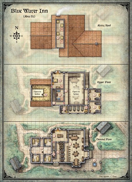 Curse of Strahd; Blue Water Inn (Digital DM & Player Versions) $1.75 Taverna Medieval, Curse Of Strahd, Pathfinder Maps, Map Layout, Building Map, Tabletop Rpg Maps, Dragon Rpg, Pathfinder Rpg, Rpg Map