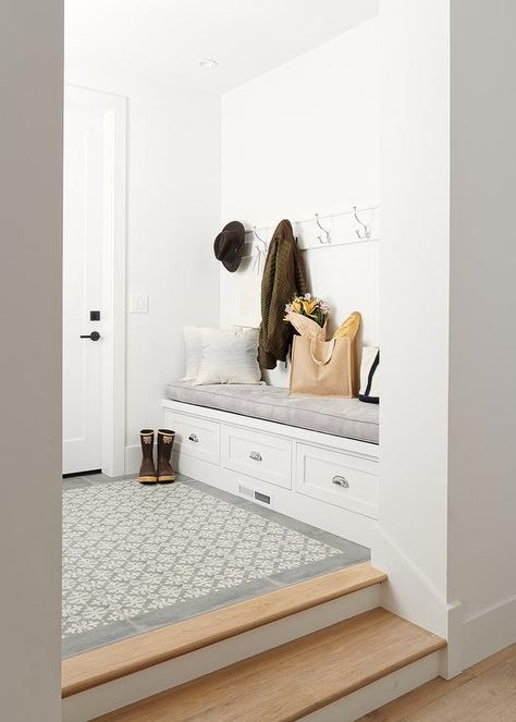 Steps Up to Mudroom - Transitional - Laundry Room Transitional Laundry Room, Mudroom Flooring, Dark Wood Furniture, Mudroom Ideas, Mudroom Entryway, Mudroom Laundry Room, Bench With Drawers, Mosaic Floor Tile, Mud Room Storage