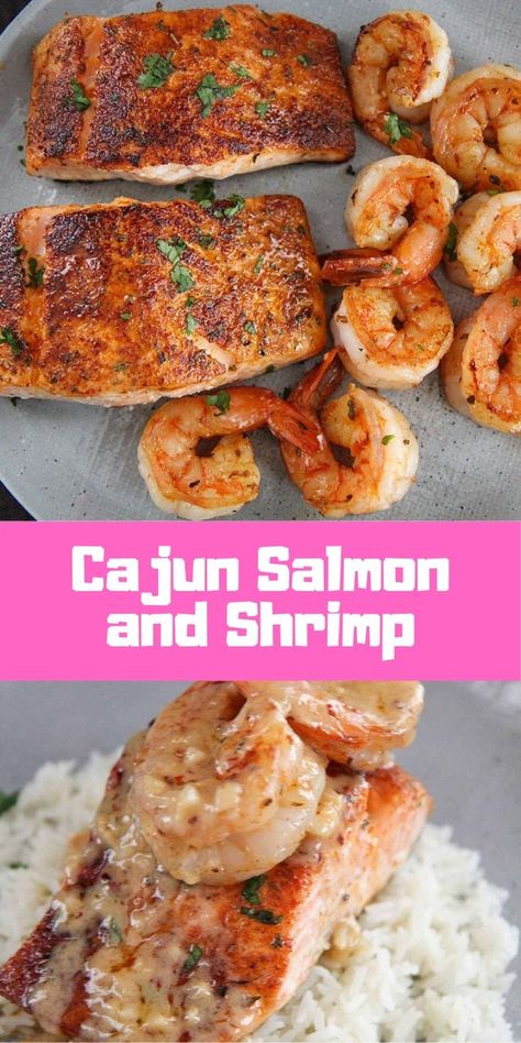 This cajun salmon and shrimp is the ultimate weeknight meal! Tender and flaky salmon topped off with juicy shrimp and creamy cajun sauce. Baked Salmon And Shrimp, Salmon And Shrimp Recipes, Cajun Salmon And Shrimp, Shrimp With Cream Sauce, Shrimp Cream Sauce, Creamy Cajun Sauce, Meal Portions, Cajun Salmon, Cajun Sauce