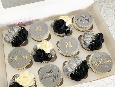 Manly Cupcakes Ideas For Men, Black And White Cupcakes Birthday, Masculine Cupcakes Ideas, Black White And Silver Cupcakes, Black And Silver Cupcakes Ideas, Silver Cupcakes Ideas, Men’s Cupcakes, 30th Birthday Cupcakes For Men, Black Cupcakes Birthday