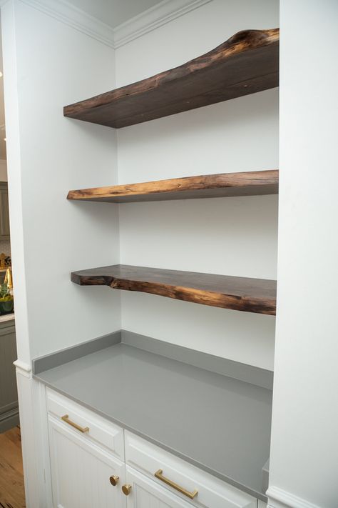 Live Edge Pantry Shelves, Wood Shelf Ideas Living Room, Kitchen Live Edge Shelves, Live Edge Built In Shelves, Live Edge Shelving Ideas, Walnut Shelves Living Room, Floating Shelf Bookcase, Live Edge Kitchen Shelves, Live Edge Shelves Living Room