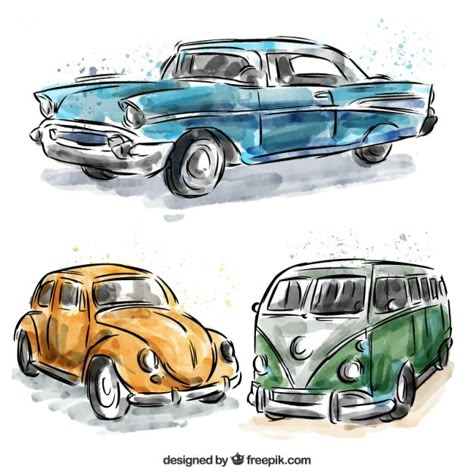 Vintage Cars Drawing, Car Painting Ideas, Vw Art, Retro Auto, Auto Vintage, Cool Car Drawings, Watercolor Vintage, Posca Art, Carros Vintage