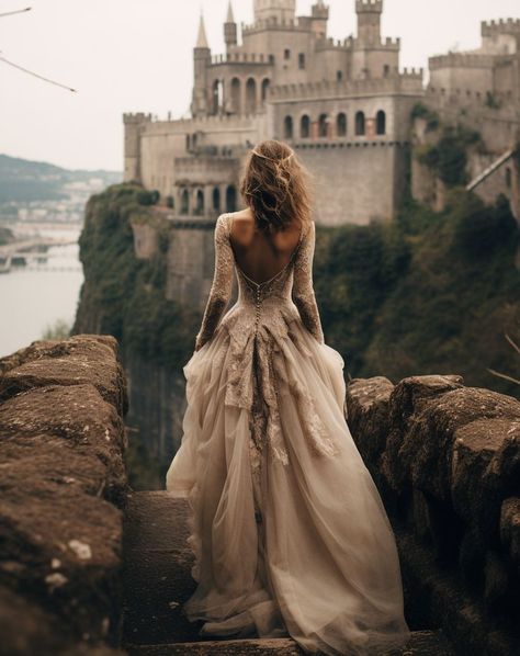 An ethereal bride in a flowing wedding dress, standing amidst beige cliffs and ancient castle ruins, weaves a feminine and whimsical aesthetic, creating a fairycore scene that is a romantic, delicate, and beautifully haunting depiction of love and history. Enchanted Forest Wedding Theme, Bride Aesthetic, Wedding Dress Aesthetic, Fairy Tail Wedding, Fairytale Photoshoot, Country Wedding Photos, Whimsical Romantic, Royal Core, Princess Fairytale