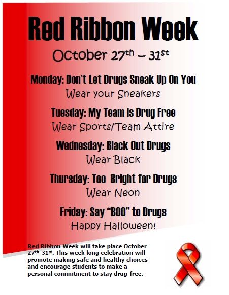 Red Ribbon Week Activities for October 27th - October 31st October Spirit Week Ideas, Red Ribbon Week Activities, Activities For October, Spirit Week Themes, Spirit Day Ideas, School Spirit Week, School Spirit Days, Guidance Counseling, High School Counseling