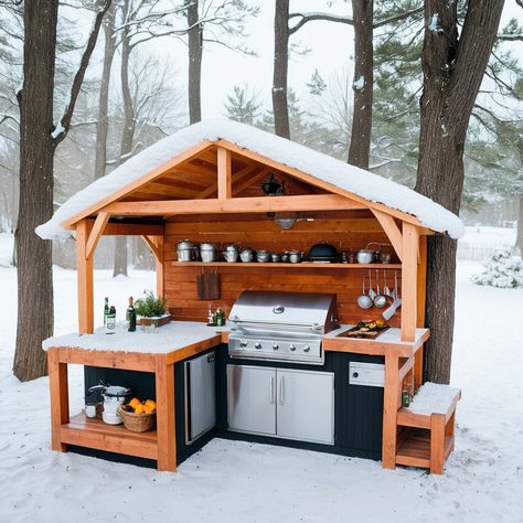 During the winter season, having an outdoor kitchen might seem like an unusual choice. However, there are ways to make it work even in the snow. By in... -  #Kitchen #Outdoor #snowy Outdoor Cooking In Winter, Winter Outdoor Kitchen, Tiny House Outdoor Kitchen, Outdoor Canning Kitchen, Rental Remodel, Airbnb Ideas, Retirement House, Airbnb Design, Backyard Pavilion