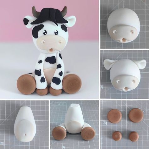 Kue Fondant, Cow Cakes, Fondant Cake Designs, Farm Cake, Baby Shower Deco, Fondant Animals, Cake Topper Tutorial, Fondant Cake Toppers, Cake Fondant