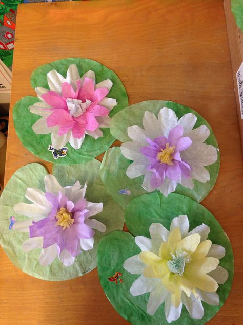 Lily pads made from two sizes of coffee filters and cupcake liners.  Frog stickers top off this project. Lily Pad Craft Preschool, Lily Pad Craft, Frog And Lily Pad, Pond Life Theme, Frog Classroom, Frog Stickers, Frog Theme, Frog Crafts, Preschool Projects