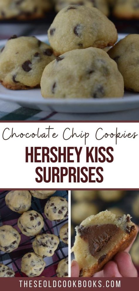 Chocolate Chip Hershey Kiss Cookies - These Old Cookbooks Herseys Chocolate Kiss Cookies, Chocolate Kisses Recipes, What To Do With Hershey Kisses, Hershey Chocolate Recipes, Hershey Kiss Surprise Cookies, Hersheys Kisses Recipes, Hershey Kiss Cookies Recipe Easy, Hershey’s Kiss Cookies, Cookies Using Hershey Kisses