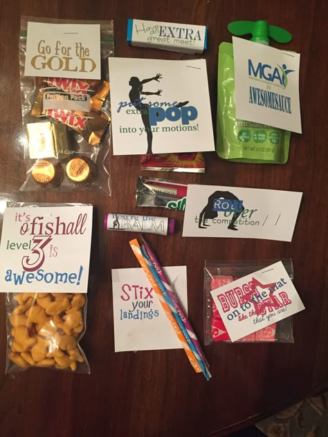 Competition Treats Good Luck, Gymnastics Spirit Gifts, Gymnastics Favors Goody Bags, Gymnastics Treats Good Luck, Good Luck Gifts For Gymnasts, Gymnastics Goody Bag Ideas, Gymnastic Goodie Bag Ideas Team Gifts, Dance Competition Team Gifts, Gymnastics Gift Ideas Goodie Bags