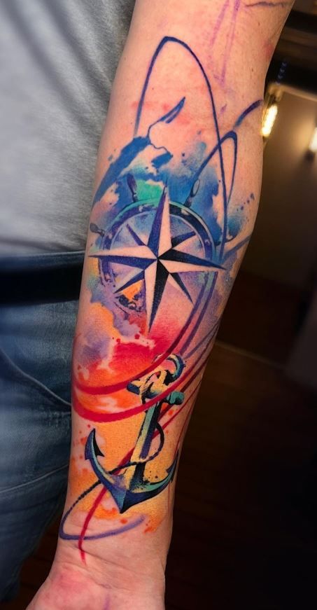 Watercolor Compass Tattoo, Anchor Tattoo Design, Compass Tattoo Design, Anchor Tattoo, Compass Tattoo, Color Tattoo, Tattoo Design, Hand Tattoos, Compass