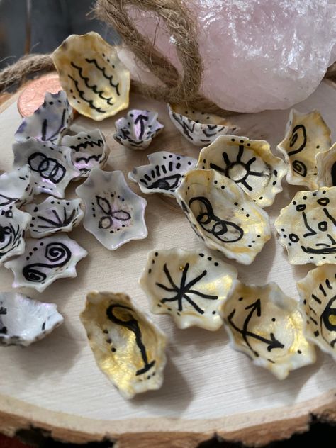 A beautiful set of 13 Rune Star Shells Seashell Runes, Mermaid Runes, Ocean Altar, Rune Casting, Ethereal Art, Secret Santa, Runes, Shells, Mermaid