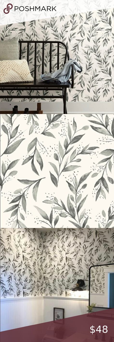 Magnolia Home Olive Branch Wallpaper -Black Olive Branch Wallpaper, Branch Wallpaper, Velvet Wallpaper, Wallpaper Black, Magnolia Homes, Wallpaper Living Room, Olive Branch, Laundry Room, Magnolia