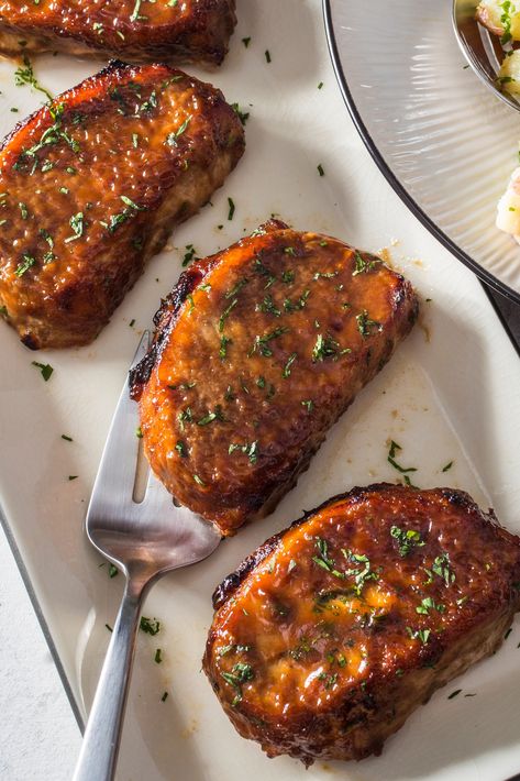 For an easy yet super-flavorful glazed pork chop, we stir together Dijon mustard and apple butter. Mustard Apple Butter Pork Chops, Apple Butter Glazed Pork Chops, Apple Butter Dinner Recipes, Apple Glazed Pork Chops, Mustard Glazed Pork Chops, Apple Butter Pork Chops, Recipe For Apple Butter, Apple Dinner, Glazed Pork Chops Recipes