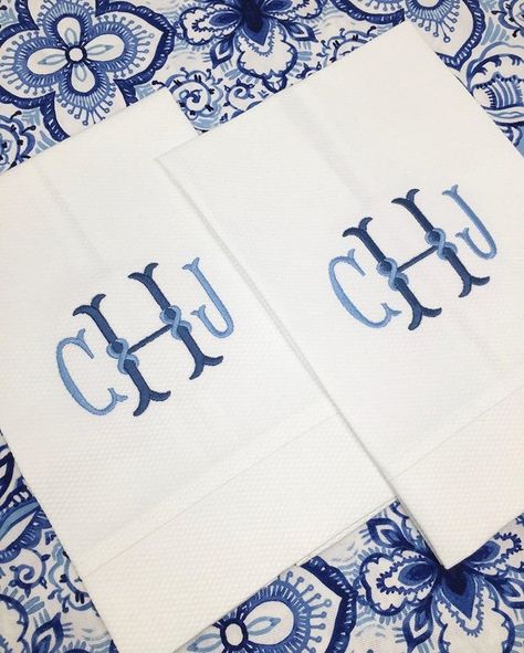 Apex Embroidery Designs on Instagram: “Navy never gets old and is always elegant in any shade. Double tap if you love these navy monogrammed towels from @silverspool using Ribbon…” Pique Tea, Monogram Bedding, Embroidery Napkins, Monogrammed Hand Towels, Monogrammed Linens, Monogrammed Scarf, Wedding Crest, Monogram Towels, Towel Embroidery