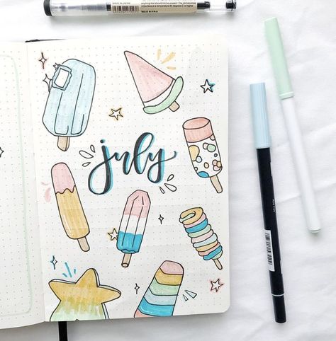 50+ Beautiful Bullet Journal Monthly Covers for 2024 - The Planner Addict Summer Bujo, July Bujo, July Bullet Journal, Artist Hue, Bullet Journal Titles, Bullet Journal Spread Ideas, Monthly Bullet Journal, Bullet Journal Month, Journal Spread Ideas