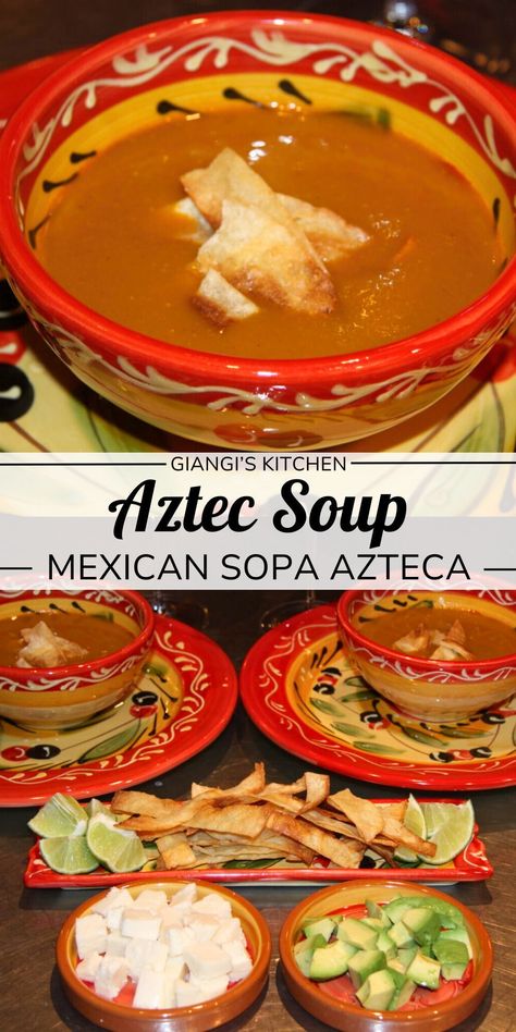 This delicious soup is a perfect blend of rich tomato-based broth, crispy tortilla strips, velvety avocado chunks, melted cheese, and a dollop of sour cream. This Mexican-inspired soup is delicious year-round. Enjoy this soup with your family or friends. Sopa Azteca Recipe, Aztec Soup, Mexican Sopa, Avocado Chunks, Blueberry Salad, Tortilla Strips, Mexican Soup, Winter Soups, Quick Weeknight Meals