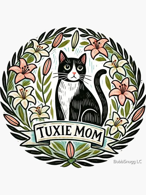 "Tuxie mom" Sticker for Sale by BubbSnugg LC | Redbubble Cat Mom Illustration, Tuxedo Cat Tattoo, Cat Mom Aesthetic, Mustache Drawing, Tuxedo Cat Art, Mustache Cat, Americana Tattoo, Logo Reference, Traditional Tattoo Designs