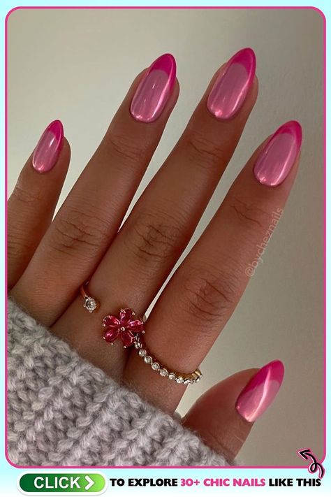 Chrome-finish acrylic nails in a sleek, hot pink shade. The shiny, reflective surface is perfect for a modern, trendy look at social gatherings or tech events. Keyword: hot pink French nails. Pink Coffin, Nails Elegant, Pink Chrome Nails, Unghie Nail Art, Nagellack Trends, Almond Shape, Thanksgiving Nails, Nails Pink, Pink Nail