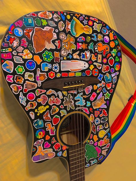 #indie #indieaesthetic #indiecore #softcore #stickers #aesthetic #pride #cavetown Guitar Decorations, Custom Acoustic Guitars, Instruments Art, Guitar Stickers, Drum N Bass, Kandi Kid, Stickers Aesthetic, Cool Electric Guitars, Sticker Bomb