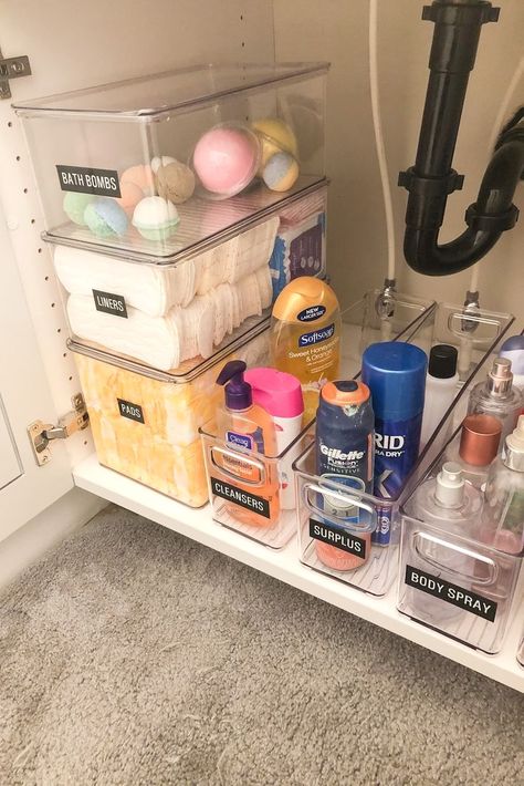 #bathroomremodel #bathrooms #organization Bathroom Cleaner Storage, Bathroom Storage Organization Under Sink, Bathroom Undersink Organisation, Small Sink Organization Bathroom, Large Bathroom Organization, Bathroom Decor Under The Sink, Bathroom Cabinet Organization Under Sink Cleaning Supplies, Under The Counter Storage Bathroom, Tampon Organization Bathroom