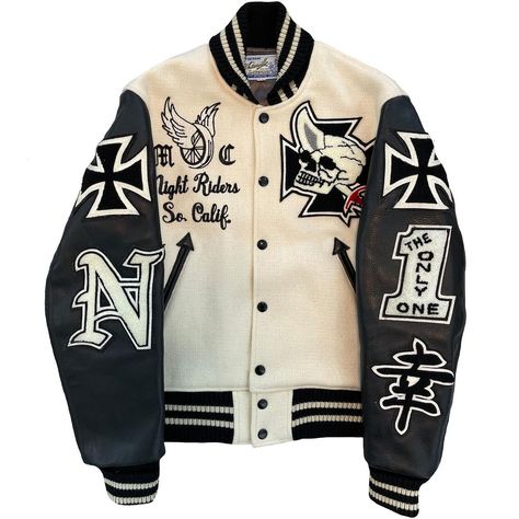 THE HOLY GRAIL on Instagram: “Whitesville Night Riders Varsity 🦇 South California Night Riders Motorcycle Club The only monochrome colour way letterman from…” Long Trench Coat Outfit, Celtics Jacket, California Night, Leather Sleeve Jacket, Off White Colour, South California, Bape Hoodie, Vintage Nike Sweatshirt, Mens Overcoat