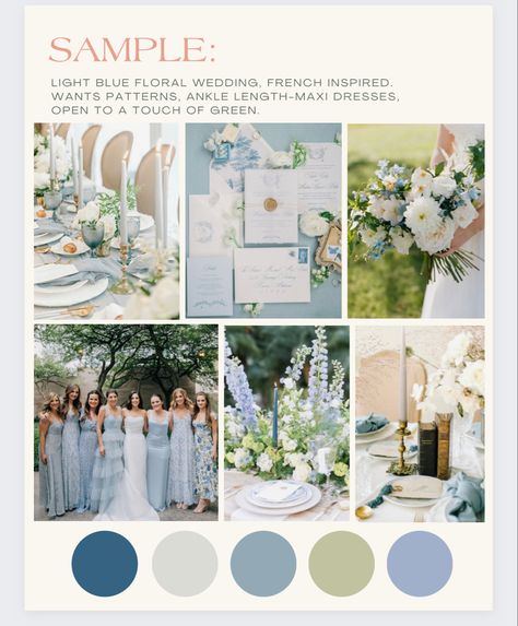 Dusty Blue And Sky Blue Wedding, Wedding Colors Light Blue Colour Palettes, White Wedding Colour Palettes, Powder Blue Wedding Palette, Blue Color Palette For Wedding, Wedding On The Coast, Pale Blue And Sage Green Wedding, Different Shades Of Blue Wedding Theme, Light Blue Beach Wedding Theme