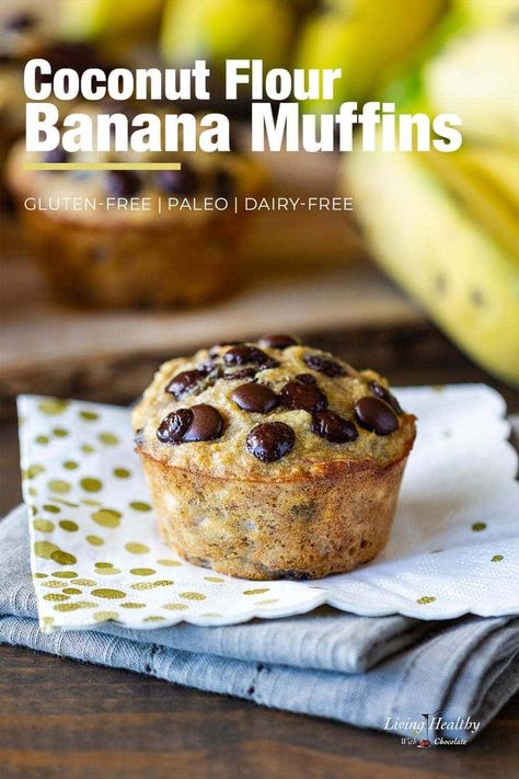 Coconut Flour Banana Muffins | If you are looking for an easy to make, healthy, moist and fluffy muffin recipe look no further. This homemade muffin is gluten free, grain free, dairy free and paleo friendly. Made with just a few simple, whole food ingredients they are the perfect snack for on the go or even as a delicious breakfast option. #bananamuffins #coconutflour #paleomuffins #muffins #baking #healthysnack #chocolatechips #muffinrecipes #bestmuffins Fluffy Muffins Recipe, Coconut Flour Banana Muffins, Banana Coconut Muffins, Paleo Banana Muffins, Muffins Paleo, Paleo Muffins, Banana Blueberry Muffins, Paleo Banana, Banana Muffin Recipe