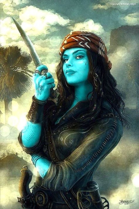 Water Genasi Female Pirate, Water Genasi Pirate, Water Genasi Female, Genasi Female, Pathfinder Races, Water Genasi, Sea Elf, Npc Ideas, D D Character Ideas