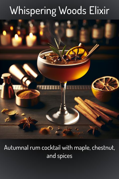 Whispering Woods Elixir an AI created cocktail. Autumnal rum cocktail with maple, chestnut, and spices Chestnut Cocktail, Maple Cocktail, Kentucky Derby Cocktails, Patriotic Cocktails, Coffee Liqueur Recipe, Spring Cocktails Recipes, Kahlua Coffee Liqueur, Keto Cocktails, Cocktail Syrups