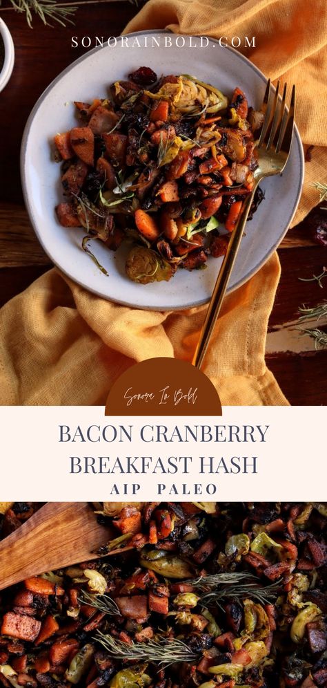 Aip Breakfast Recipes Easy, Aip Recipes Breakfast, Brussel Sprouts And Bacon, Potatoes Brussel Sprouts, Aip Paleo Breakfast, Cranberry Breakfast, Egg-free Recipes, Breakfast Hash Recipes, Aip Breakfast