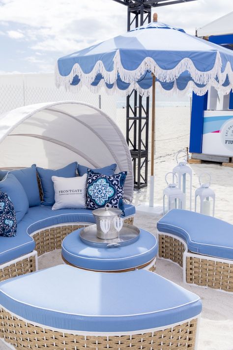 Frontgate Lounge at the South Beach Food & Wine Festival Fashionable Hostess, Wine And Food Festival, Beach Food, Booth Decor, Parasol Umbrella, Beach Meals, Garden Umbrella, Indoor Outdoor Furniture, King's Lynn