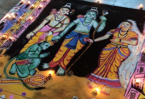 Dewali Rangoli - Rama returning to Ayodhya after winning the war at Lanka Ayodhya Rangoli, Indian Rangoli Designs, Poster Rangoli, Easy Rangoli Designs Videos, Diya Rangoli, Big Rangoli, Lord Rama Images, Diwali Decoration Items, Indian Art Gallery